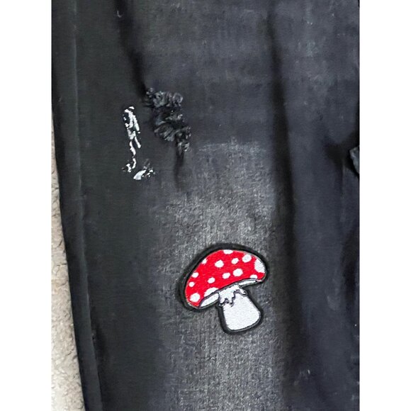 S.O.N.G. Eco Love Jeans Distressed Mushroom Patch Skinny Jeans Sz 13 Juniors Bla - Picture 10 of 12